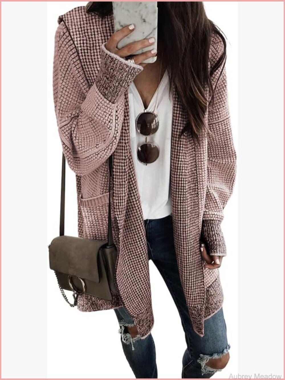 Oversized Hooded Chunky Knit Plaid Cardigan Sweater Coat